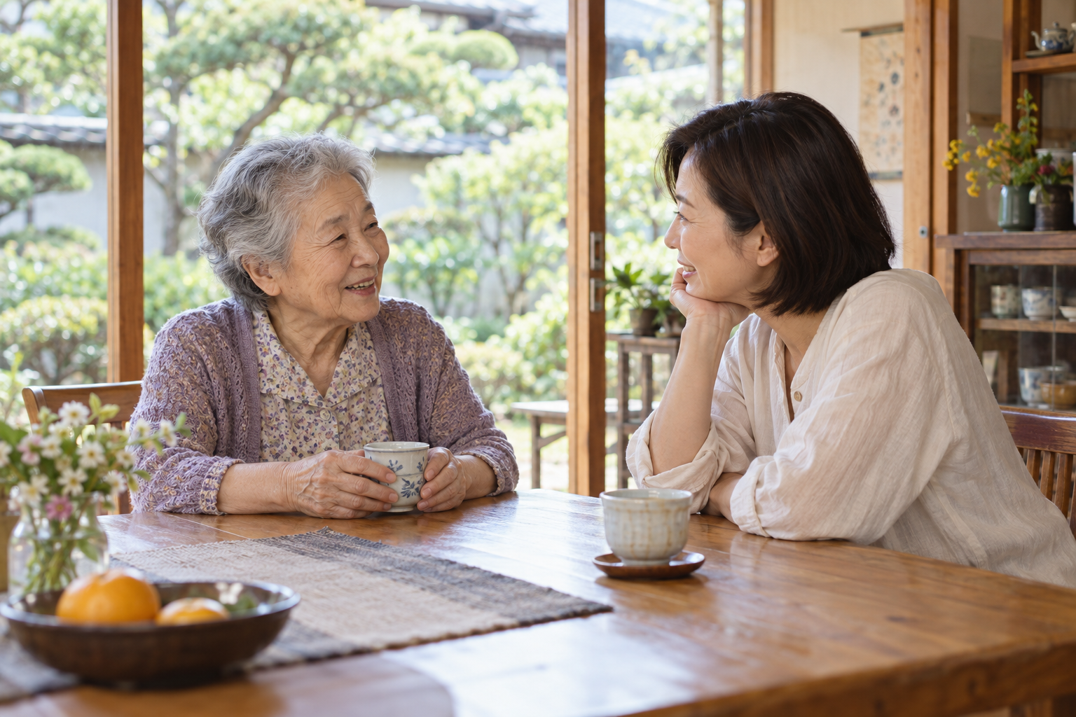 明るい食卓でお茶を飲みながら話す母と娘